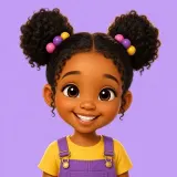 Avatar: a smiling girl with purple hair bobbles