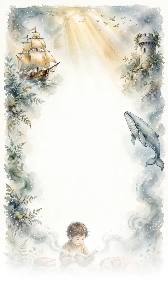 Watercolour border: a child reading a book, with a sailing ship, a castle tower and a whale around the edges.