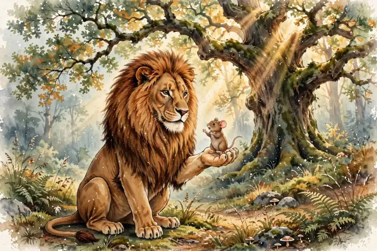 Page 1 of The Lion and the Mouse: a lion under a big tree holds a tiny mouse in his paw.