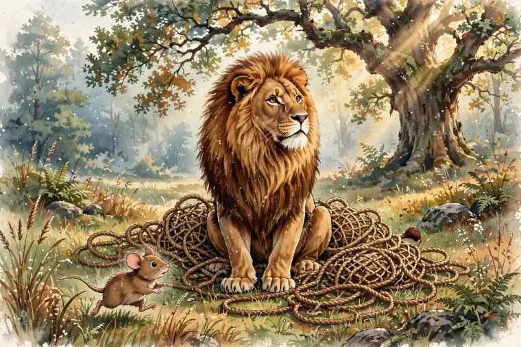 Watercolour story art: the lion caught in a hunter's rope net while the mouse runs toward him.