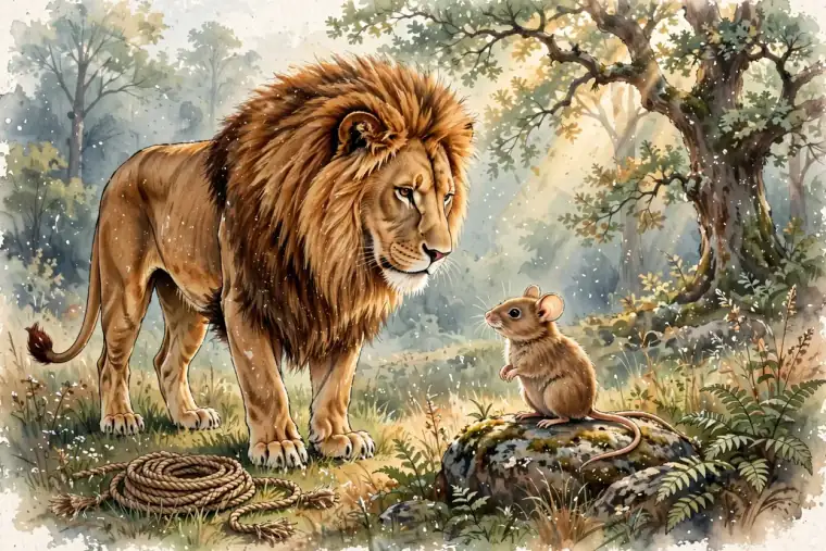 Watercolour story art: a lion looks down at a small mouse sitting on a mossy rock, with cut ropes on the grass.