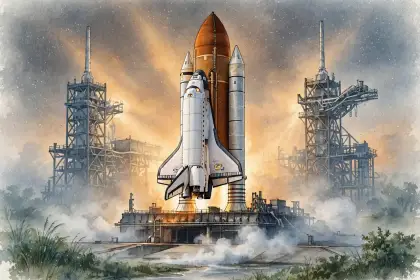 A space shuttle standing on its launch pad