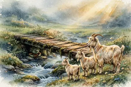Three goats by a wooden bridge over a stream