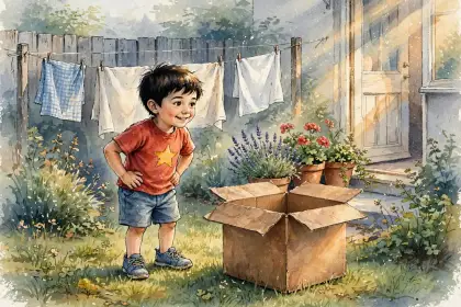 A boy in a sunny garden next to a big cardboard box