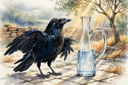 A black crow beside a tall glass jug of water