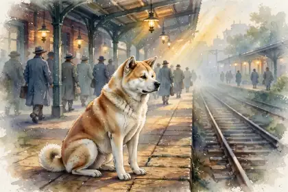 An Akita dog waiting on a busy railway platform