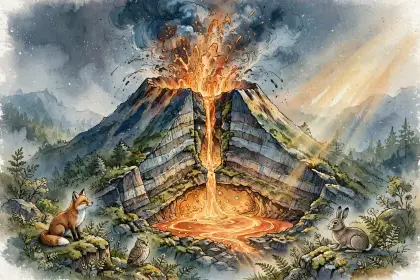 A cut-away volcano with glowing lava rising inside