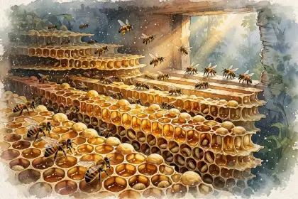 Bees at work on golden honeycomb