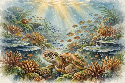 A sea turtle swimming over a bright coral reef