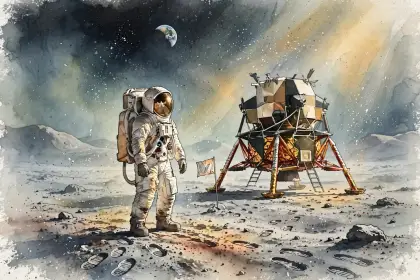 An astronaut on the Moon beside the landing craft
