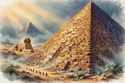 The Great Pyramid and the Sphinx in golden light