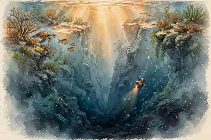 A small submarine light going down into a deep ocean trench