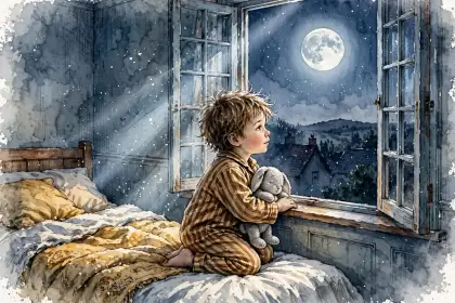 A child at an open window looking up at the full moon
