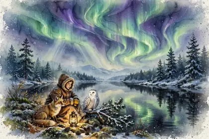 Green and purple northern lights over a snowy lake
