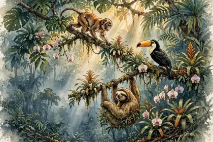 A sloth, a monkey and a toucan in the rainforest treetops