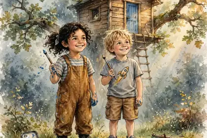 Two children holding paintbrushes in front of a treehouse