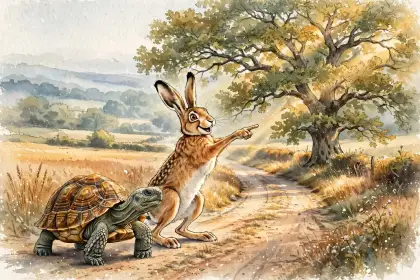 A hare dashing past a tortoise on a country path